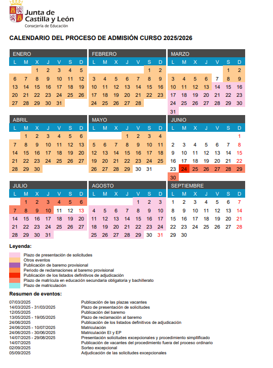 CALENDARIO PROCESO DE ADMISIÓN 2025